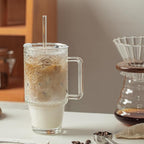 Kemorela 24oz Ribbed Glass Cups with Lids and Straws,Glass Tumbler with Handle,2 set–Reusable Glass Ice Coffee Cups with Lid and Straw for Smoothies,Tea,Juice,Boba Cup for Cold & Hot Drinks,Travel Cup