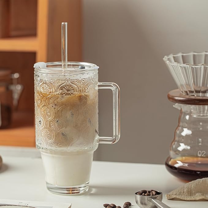 Kemorela 24oz Ribbed Glass Cups with Lids and Straws,Glass Tumbler with Handle,2 set–Reusable Glass Ice Coffee Cups with Lid and Straw for Smoothies,Tea,Juice,Boba Cup for Cold & Hot Drinks,Travel Cup