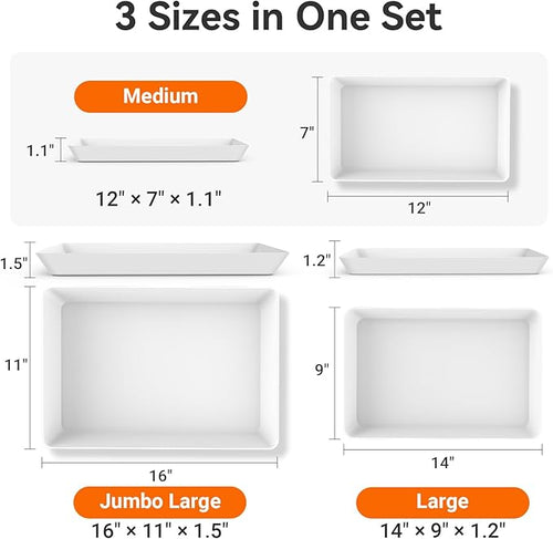 3-Pack Serving Tray for Parties, Serving Platter in 3 Sizes for Entertaining, Camping & Food Display, Plastic Trays for Cookies, Dessert, Stackable Rectangular Platters for Family(White)