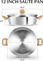 KOCH SYSTEME CS Stainless Steel Saute Pan with Lid, 12 Inch Deep Frying Pan with Double Handles, 5.5 Quart 18/10 Stainless Steel Pan with Cool-Touch Bakelite Handle, Deep Frying Pan, Induction Ready