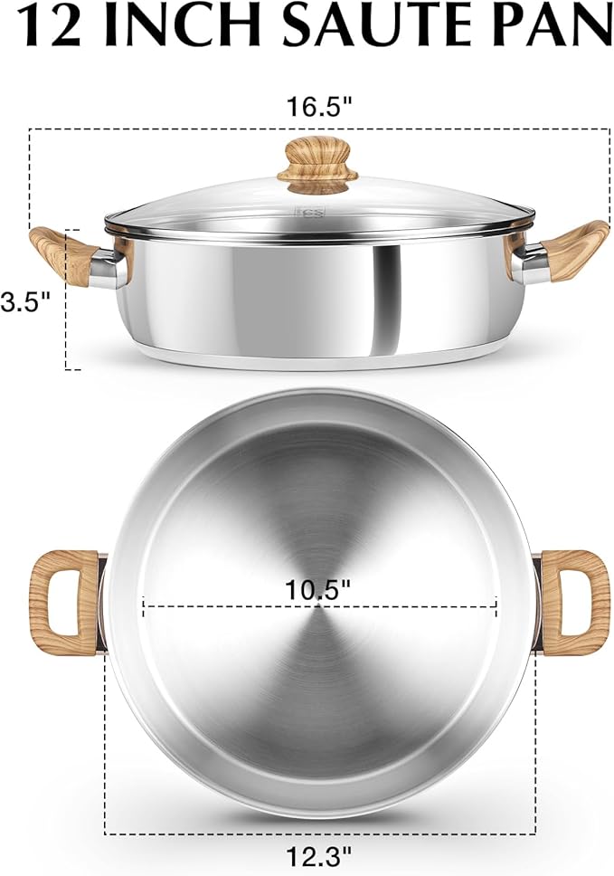 KOCH SYSTEME CS Stainless Steel Saute Pan with Lid, 12 Inch Deep Frying Pan with Double Handles, 5.5 Quart 18/10 Stainless Steel Pan with Cool-Touch Bakelite Handle, Deep Frying Pan, Induction Ready