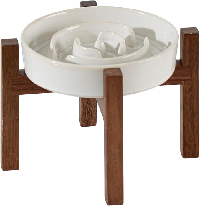 Havniva Ceramic 1.2 Cup Raised Slow Feeder Dog Bowl Set, Elevated Acacia Wood Stand for Medium and Small Dog, 7.3inch Slow Dish, Stop Bloat(Single Bowl+ Stand, Reactived Glaze -White)