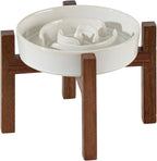 Havniva Ceramic 1.2 Cup Raised Slow Feeder Dog Bowl Set, Elevated Acacia Wood Stand for Medium and Small Dog, 7.3inch Slow Dish, Stop Bloat(Single Bowl+ Stand, Reactived Glaze -White)