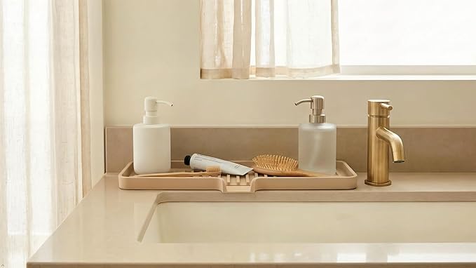Happitasa Silicone Soap Dish Tray and Sponge Holder with Drain Chute | Bathroom and Kitchen Sink Organizer Caddy (Sand Dollar, 12"x4", 7.4 Ounces)