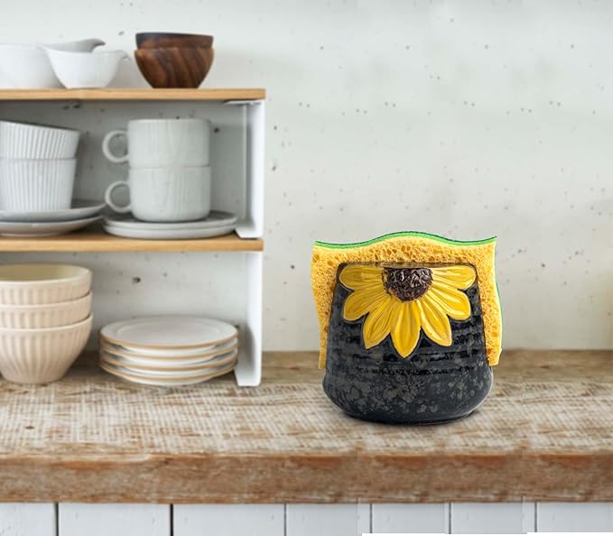 Sunflower Sponge Holder for Kitchen Sink Dish Sponges Holder Fall Autumn Theme Ceramic Kitchen Sink Sponge Holder Yellow Sink Caddy Kitchen Sink Organizer Decor