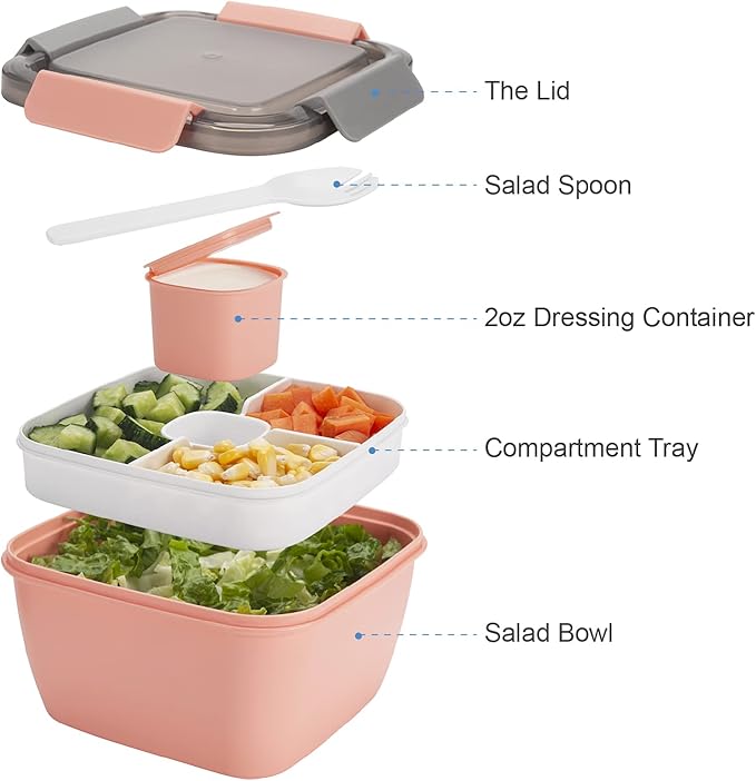 Freshmage Salad Lunch Container To Go, 52-oz Bowls with 3 Compartments, Dressing Container for Toppings, Snacks, Men, Women (Pink)