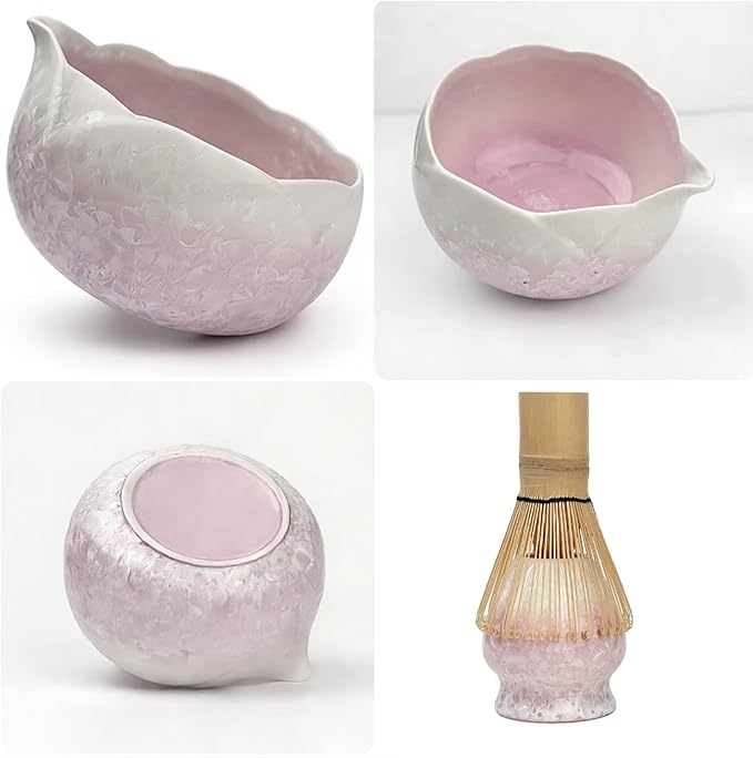 Matcha Whisk Set, Ceramic Matcha Set, Matcha Bowl with Spout and Whisk,8 pcs Matcha Tea Kit for Matcha Lovers, Ideal Gift Christmas, Birthday (Pink)