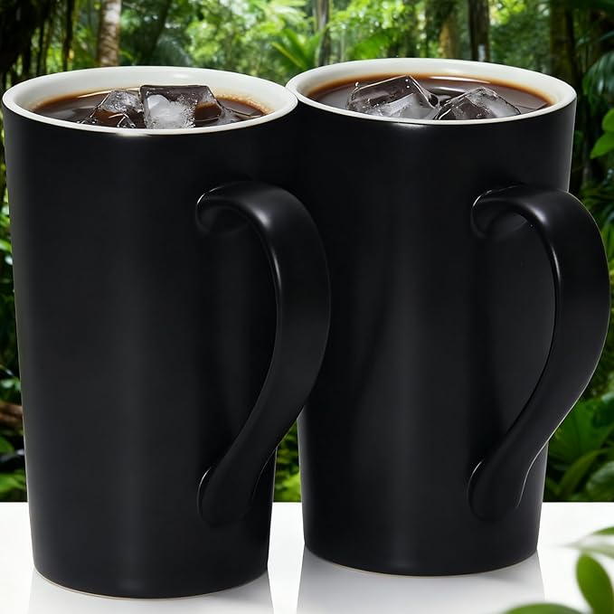 20 OZ Large Diner Coffee Mugs,Tall Beer Cups with Handle Couple's Cups Set of 2,Oversized Cylindrical Design Modern Ceramic Tea Cup for Dad Mom Friends Gift.Matte Black