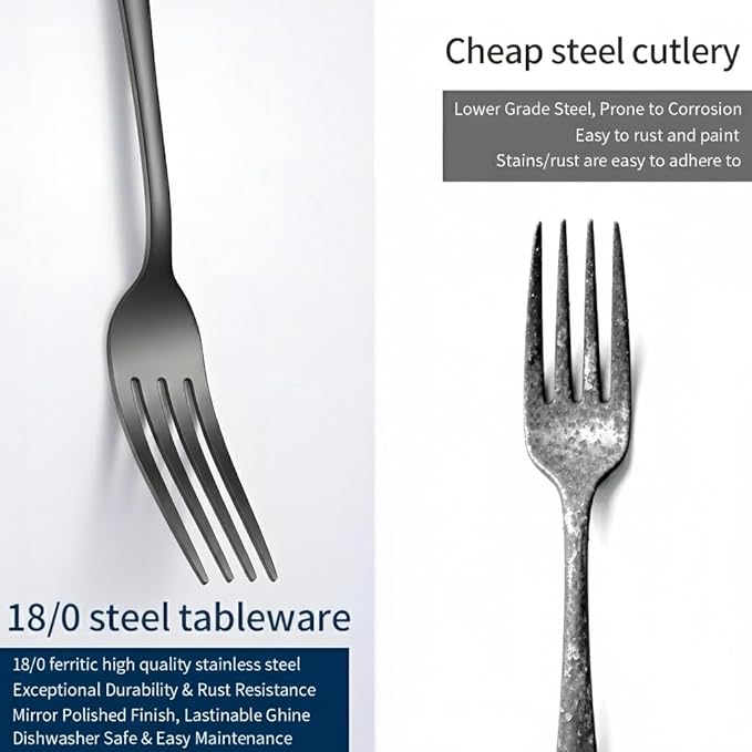 GPY Black Silverware Set with Steak Knives, 36-Piece Stainless Steel Flatware Set Service for 6, Titanium Plated Black Eating Utensils, Modern Mirror Finish Cutlery for Kitchen & Home