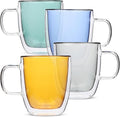 BTaT- Double Walled Glass Coffee Mugs, 12 oz, Set of 4, Colored Glass Coffee Cups with Handle, Insulated Clear Coffee Mug for Hot and Cold Beverages, Cappuccino, Latte, Tea, Americano, Microwave Safe