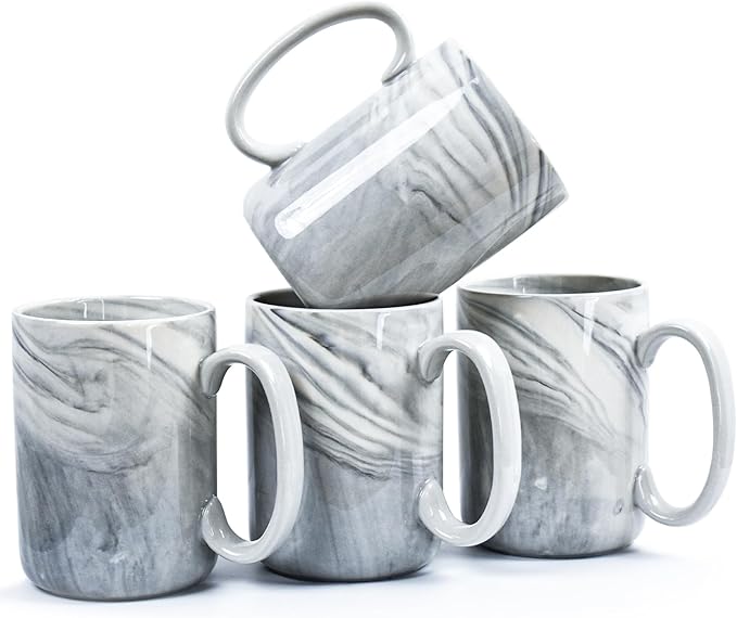 Coffee Mugs Set of 4,16 OZ Large Marble Ceramic Tea Cups with Big Handle,Bulk Grey Marble Diner Mugs Set for Latte, Beer,Cappuccino,Microwave Dishwasher Safe Cup for Men Women Gift