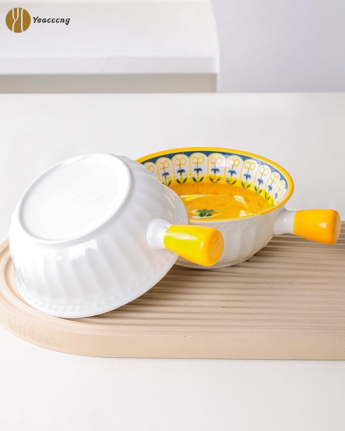 Yeacccng Bohemian French Onion Soup Bowls Set of 4-23 Oz Ceramic Soup Bowls with Handle, 6 Inch Soup Bowl for Kitchen, Oven/Microwave Safe, Lead-Free,Scratch-Resistant