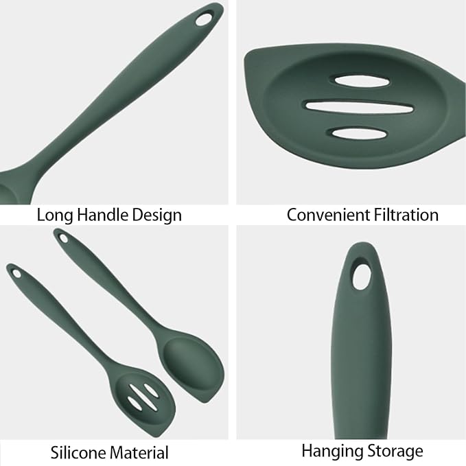 2-Pieces Silicone Cooking Spoon Spatula, Large Serving Spoons for Solid and Slotted, Heat Resistant Non-Stick Silicone Cooking Utensils Set, for Kitchen Mixing, Scooping, and Scraping