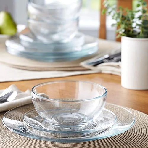 12pc Glass Dinnerware Set - Sleek Round Clear Glass Plate and Bowl Sets - Dishwasher Safe, Bread & Butter Dinner, Dessert, Salad Plates & Serving Cereal Soup Bowls Dishes for Kitchen Dining & Parties