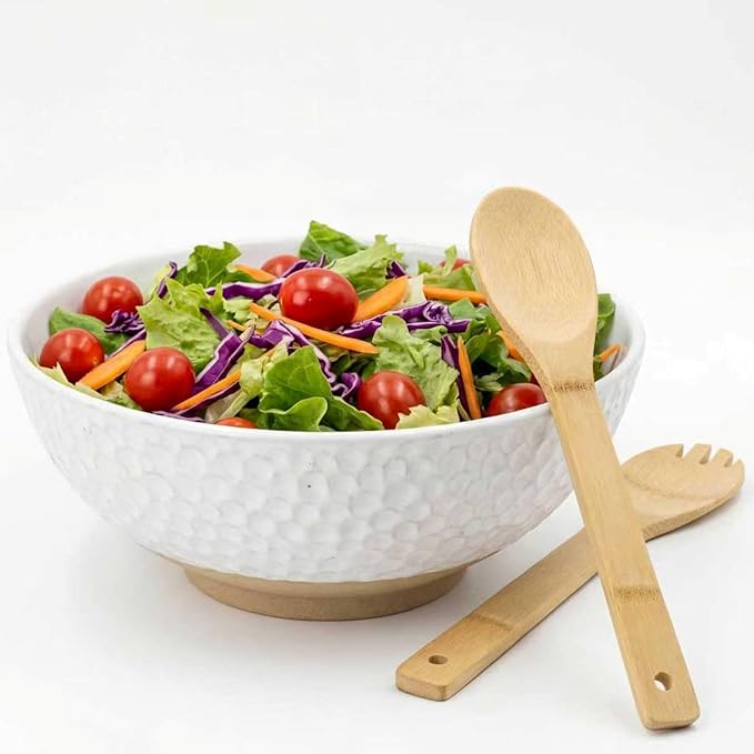 Large Ceramic Dinner Bowl - Handmade Salad Bowl Set, 58 oz. Dishwasher and Oven Safe, Vanilla White 9.5 inch”