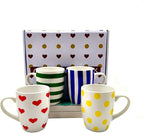 Colorful Pattern Mug Set of 4 Include Stripes, Polka Dot & Heart Ceramic Coffee Mugs, Gift Boxed Kitchen Mug Set, Bright Everyday Mugs for Family, Office & Parties