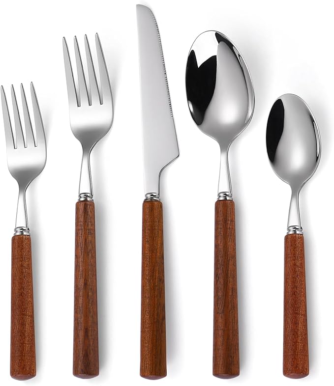 Silverware Set, 20 Piece Mirror Flatware Set 18/8 Stainless Steel Eating Utensils With Wooden Handle, A Complete Tableware Cutlery For Most Families,Knife Fork Spoon Service For 4 Dishwasher Safe