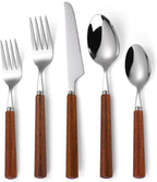 Silverware Set, 20 Piece Mirror Flatware Set 18/8 Stainless Steel Eating Utensils With Wooden Handle, A Complete Tableware Cutlery For Most Families,Knife Fork Spoon Service For 4 Dishwasher Safe