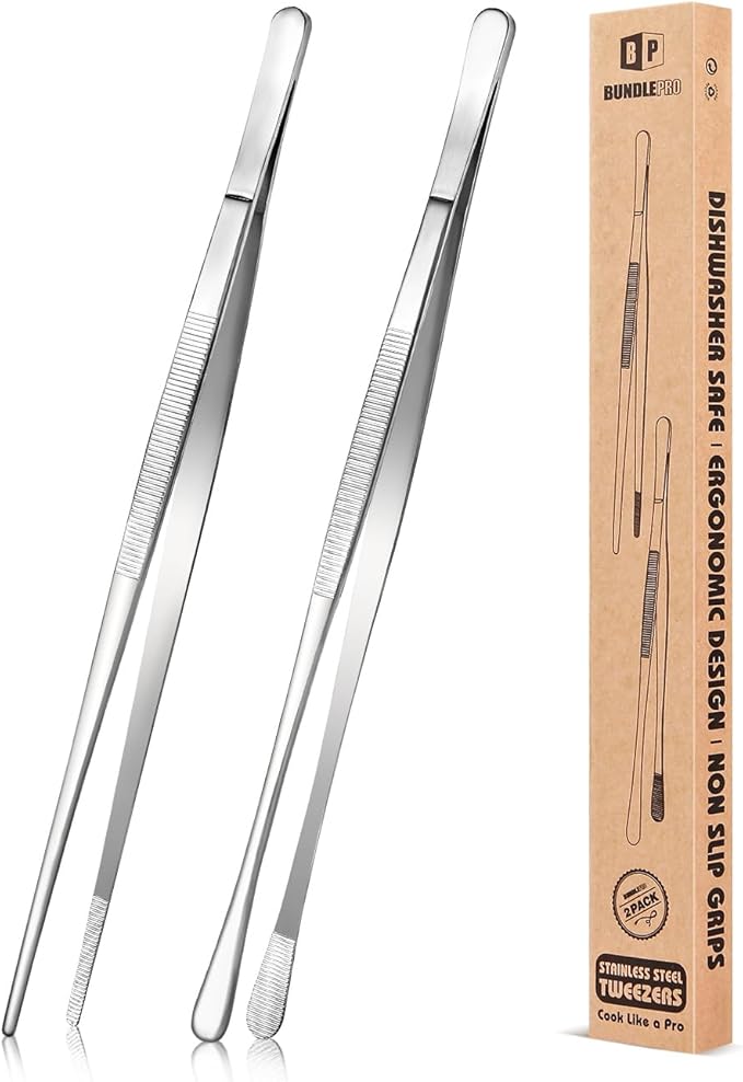 2 Pcs 10-Inch Kitchen Tweezers Fine Tweezer Tongs, Stainless Steel Professional Long Cooking Tweezers for BBQ, Sea Food, Repairing and Serving (SILVER)