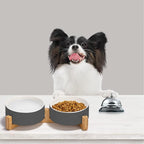 SPUNKYJUNKY Ceramic Dog and Cat Bowl Set with Wooden Stand, Modern Cute Weighted Food Water Set for Small Size Dogs (13.5OZ) & Medium Sized Dogs (28.7OZ) & Cats (1.7 Cups, 2 × White-Gray)