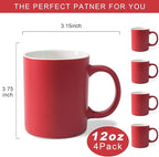12 oz Cup Plain Gloss Red Ceramic Coffee Mug Set of 4 for Milk, Tea, Glazed Porcelain Cups with handle for Home Office, Dishwasher & Microwave Safe