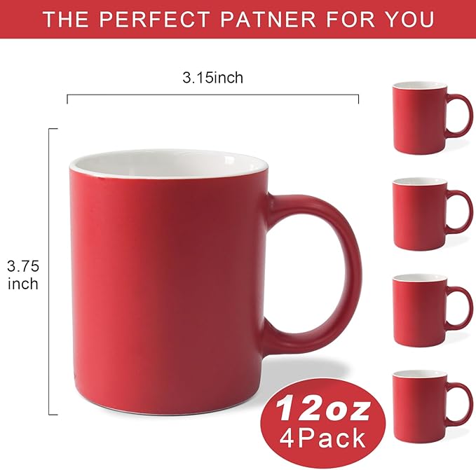 12 oz Cup Plain Gloss Red Ceramic Coffee Mug Set of 4 for Milk, Tea, Glazed Porcelain Cups with handle for Home Office, Dishwasher & Microwave Safe
