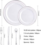 I00000 700 Piece Silver Dinnerware Set for 100 Guests-100 Dinner Plates, 100 Dessert Plates, 100 Disposable Cups 10 oz, 100 Paper Napkins, 100 Plastic Silverware Set Perfect for Party & Wedding