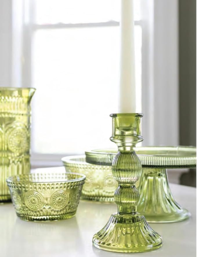 Boston International Vintage-Inspired Glass Serving Bowl with Embossed Floral Pattern for Salad Snacks Dinner, Large 7" x 2.75", Olive Green Codi