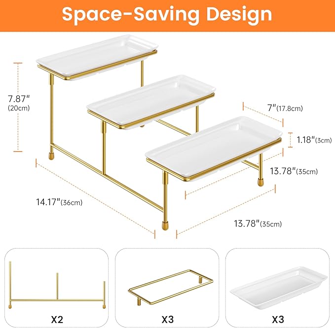 3 Tier Serving Tray for Party, 14"x7" Tiered Serving Platters with Steel Display Stand for Sevring Food,Cookies,Veggie, Dessert,Fruit, Gold