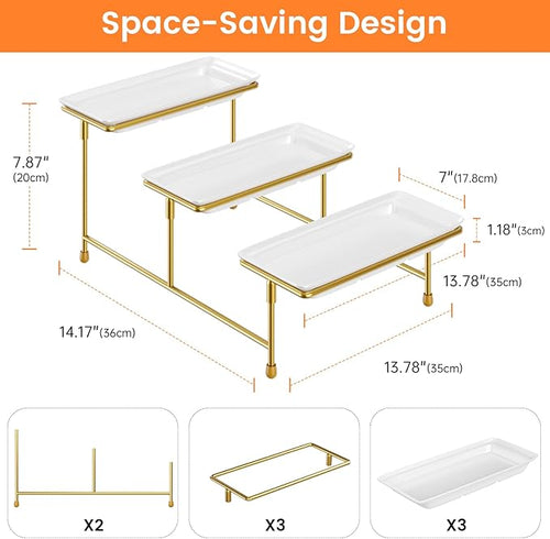3 Tier Serving Tray for Party, 14"x7" Tiered Serving Platters with Steel Display Stand for Sevring Food,Cookies,Veggie, Dessert,Fruit, Gold