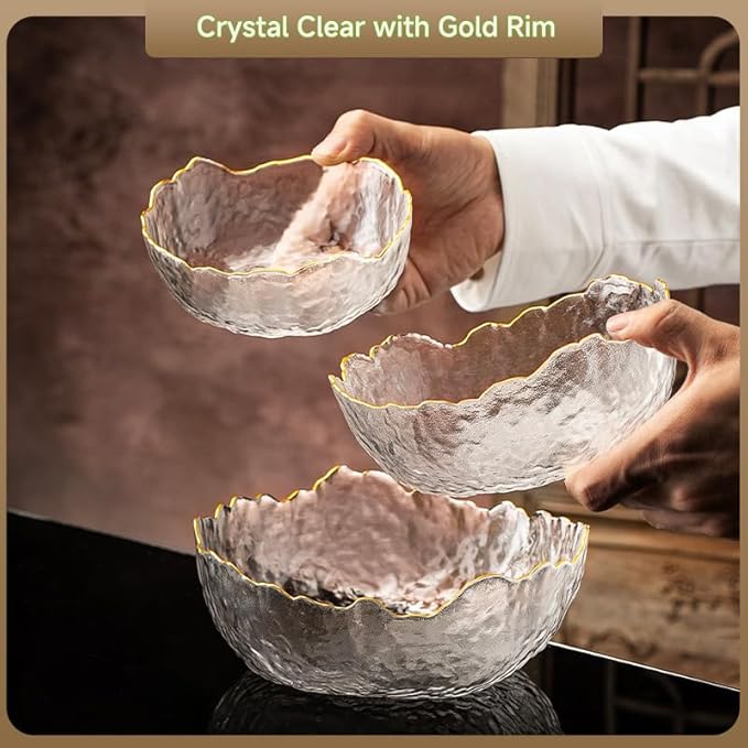 Glass Salad Bowl Irregular Lotus Flower Shape Serving Bowls, Mixing Nut Bowls for Kitchen Fruist, Snack, Dessert, and Ice Cream Candy Dishes (Crystal Clear with Gold Rim, Medium)