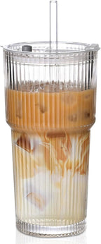 20oz Ribbed Glass Cups with Lids and Straws,1PCS Glass Tumbler with Straw and Lid,Iced Coffee Cups Drinking Glasses for Juice Whiskey Cocktail Beer