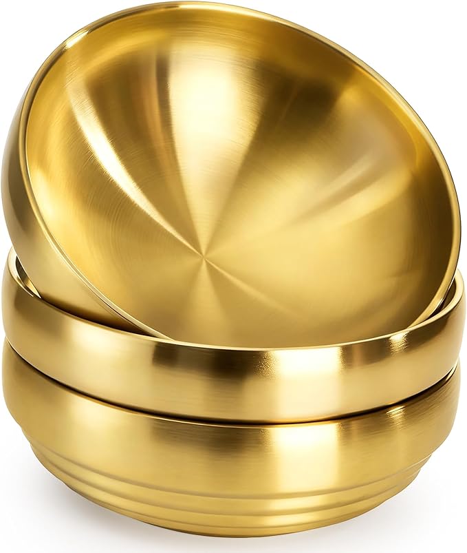 Frcctre 3 Pack 7.3 Inch Large Stainless Steel Bowls, 31 OZ Double Walled Insulated Bowls, Unbreakable Decorative Golden Bowl Serving Bowl for Salad Soup Noodle Friut Mixing, Dishwasher Safe