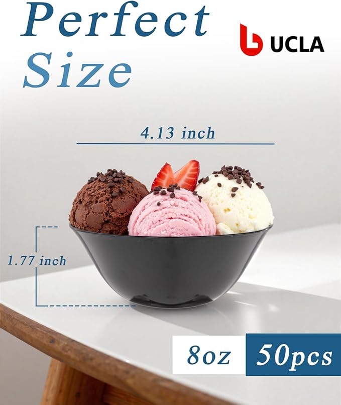 bUCLA 50Pack Black Plastic Small Bowls - 8oz Disposable Ice Cream/Salsa/Dipping/Dessert/Sauce/Candy/Small Serving Bowls for Party & Graduation