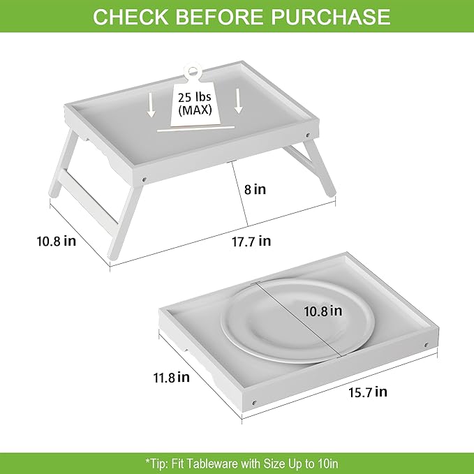 Youpehom Bed Tray Table with Folding Legs,Bamboo Breakfast in Bed for TV Table,Tray,Eating,Snack Tray,Laptop Computer (White, Medium)