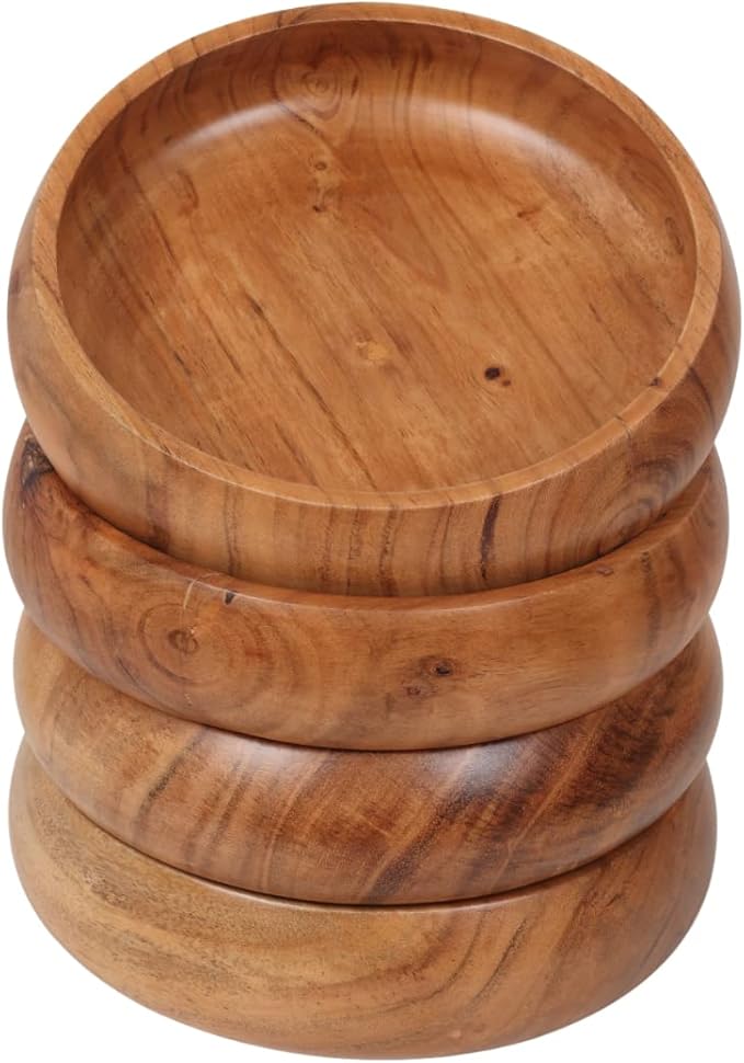 Set of 4 acacia wood bowls 8 x 2 inches (25 oz) with Food safe wood coating | Jointless plates type wood bowl for food | Wooden salad bowls set