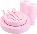KIRE 150 Pieces Pink Plastic Plates Disposable - Pink Dinnerware Set Include 25 Dinner & 25 Salad Plates 25 Forks 25 Knives 25 Spoons 25 Cups for Baby Shower/Bridal Shower/Mother's Day