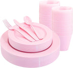 KIRE 150 Pieces Pink Plastic Plates Disposable - Pink Dinnerware Set Include 25 Dinner & 25 Salad Plates 25 Forks 25 Knives 25 Spoons 25 Cups for Baby Shower/Bridal Shower/Mother's Day