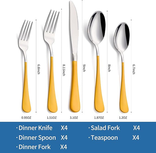 20-Piece yellow Silverware Set, 18/0 Stainless Steel yellow Handle Flatware Set, Service for 4, Modern Cutlery Set Includes Dinner Knives Forks Spoons, Mirror Polished, Dishwasher Safe
