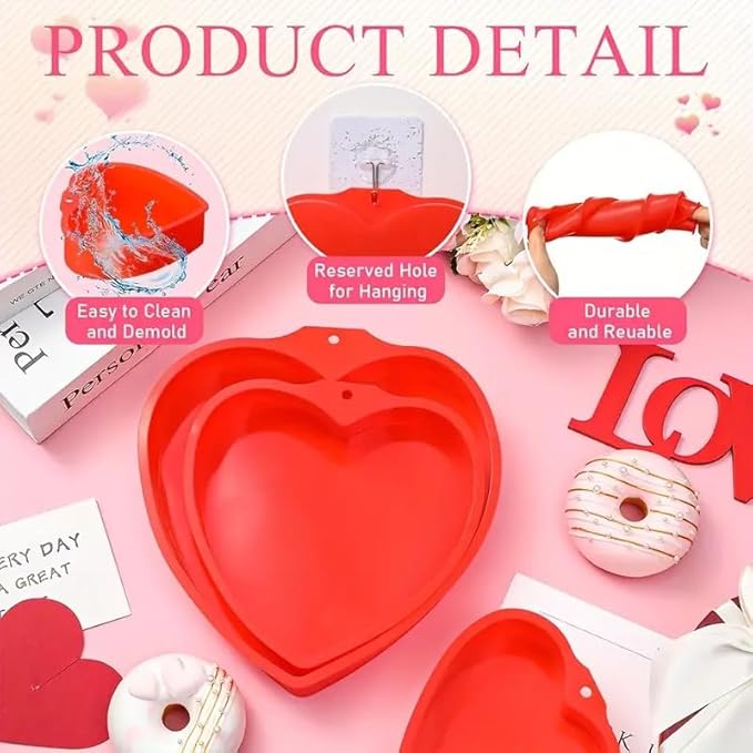 3 PCS Silicone Heart Shaped Cake Pans 4 6 8 Inch Nonstick Silicone Heart Baking Mold Reusable Food Grade Mold for Baking Brownie Valentine Mother Wedding Birthday Day(Red)