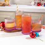 Ribbed Drinking Glasses 8pcs, 12oz and 10oz Glassware, Tumbler Glasses Cup Set for Wedding, Party, Christmas Gift, Purple