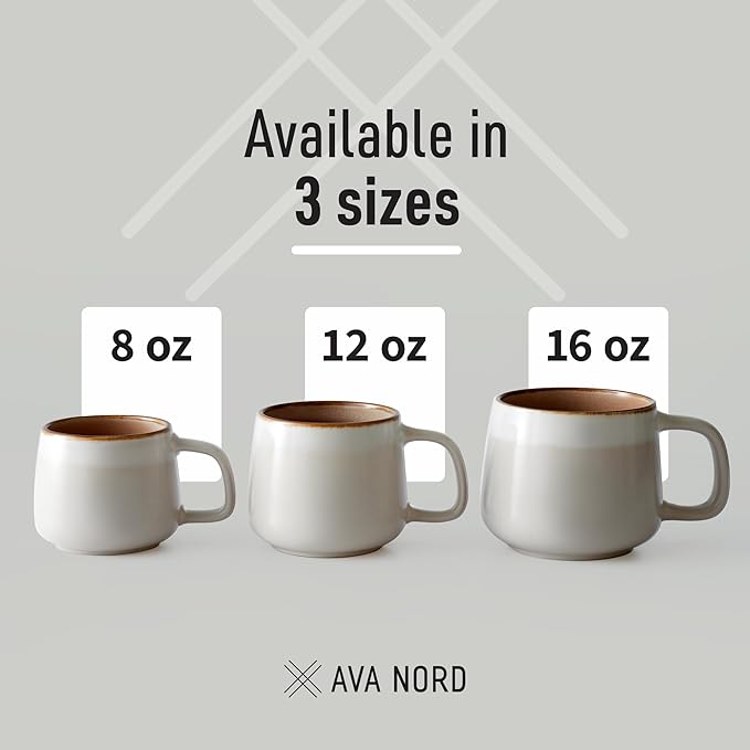 Ava Nord Large Ceramic Coffee Mugs Set of 4 | 16 oz Stoneware Coffee Cups | Lead-Free, Non-Toxic | Microwave and Dishwasher Safe | Comfortable Handle | Nordic Design for Tea, Cocoa, Latte | Sage Ash