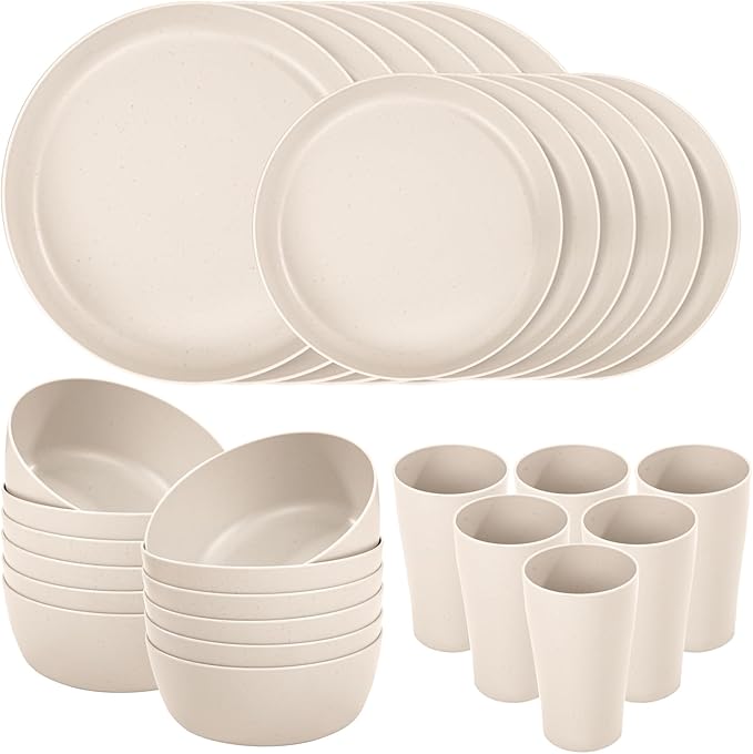 EI 24pcs Wheat Straw Dinnerware Set, Beige Wheat Straw Plates, Reusable Unbreakable Plates for Camping, Picnics & Family Dinners