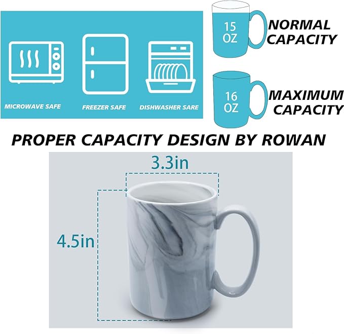 Coffee Mugs Set of 4,16 OZ Large Marble Ceramic Tea Cups with Big Handle,Bulk Grey Marble Diner Mugs Set for Latte, Beer,Cappuccino,Microwave Dishwasher Safe Cup for Men Women Gift