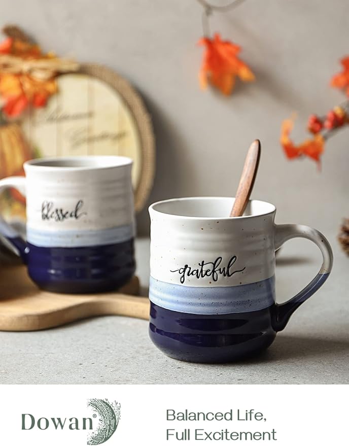 DOWAN 20 oz Coffee Mugs, Large Mugs with Word Blessed Grateful, Porcelain Coffee Cup, Thank You Gifts for Mom Dad, Set of 2 | Large Mugs, Coffee Cup