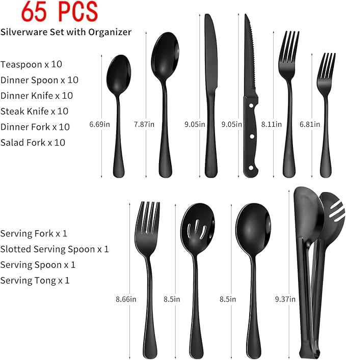 65PCS Black Silverware Set for 10 with Cutlery Drawer Organizer, Stainless Steel Flatware Set with Steak Knives, Include Spoons and Forks Set & Serving Utensils, Mirror Polished