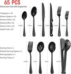 65PCS Black Silverware Set for 10 with Cutlery Drawer Organizer, Stainless Steel Flatware Set with Steak Knives, Include Spoons and Forks Set & Serving Utensils, Mirror Polished