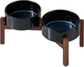 Havniva Ceramic 7.3inch Raised Double Dog Bowls Set with Acacia Wood Stand, Food & Water Bowls for Medium Breed Dogs, Weighted Pet Dishes(41oz, Starry Sky)