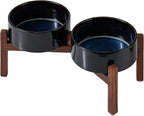 Havniva Ceramic 7.3inch Raised Double Dog Bowls Set with Acacia Wood Stand, Food & Water Bowls for Medium Breed Dogs, Weighted Pet Dishes(41oz, Starry Sky)
