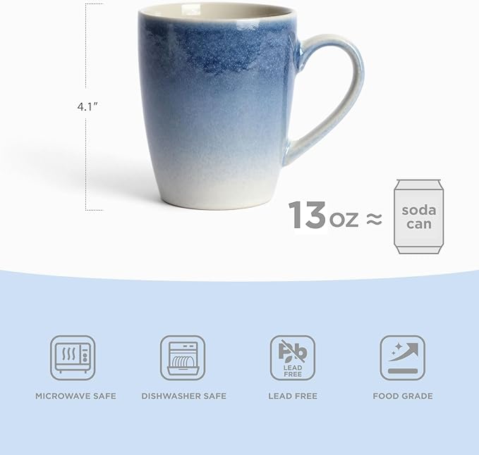 famiware Coffee Mugs Set, 13 oz Mug Set of 4, Stoneware Cups for Latte, Hot Tea, Mocha, Cocoa, Cappuccino, Microwave and Dishwasher Safe, Glacier Series, Azure Blue (Pack of 2)